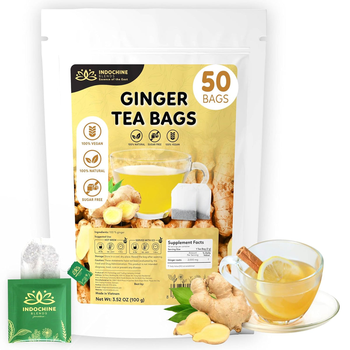 Indochine Blends, Ginger Tea Bags, 50 Teabags, 2g/bag, Individually Wrapped Envelopes, Caffeine-free, No Sugar