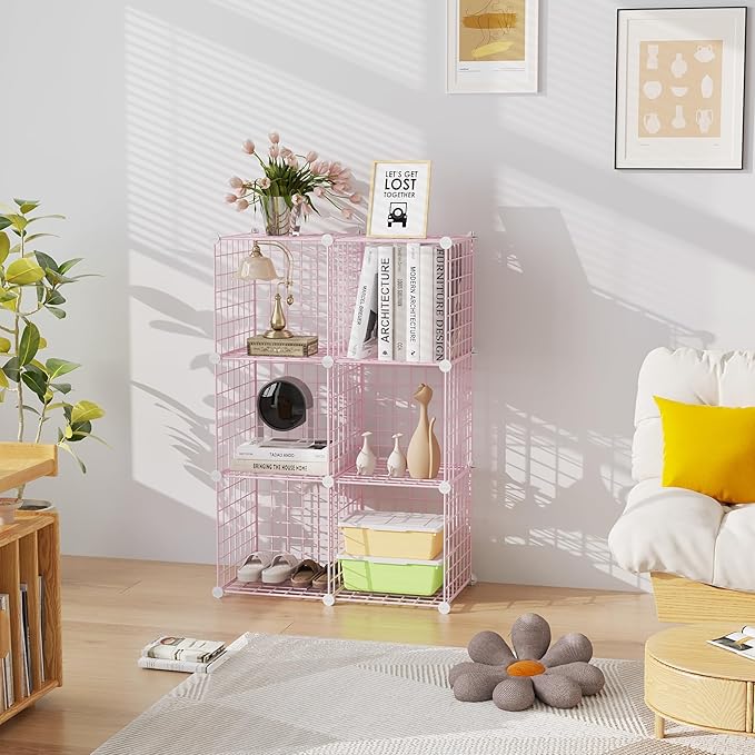 C&AHOME Wire Cube Storage, 6 - Cube Organizer Metal C Grids, Modular Shelves Units, Closet Organizer, Ideal for Home, Office, Living Room, 36.6”L x 12.4”W 36.6”H, Pink UWCS3006P