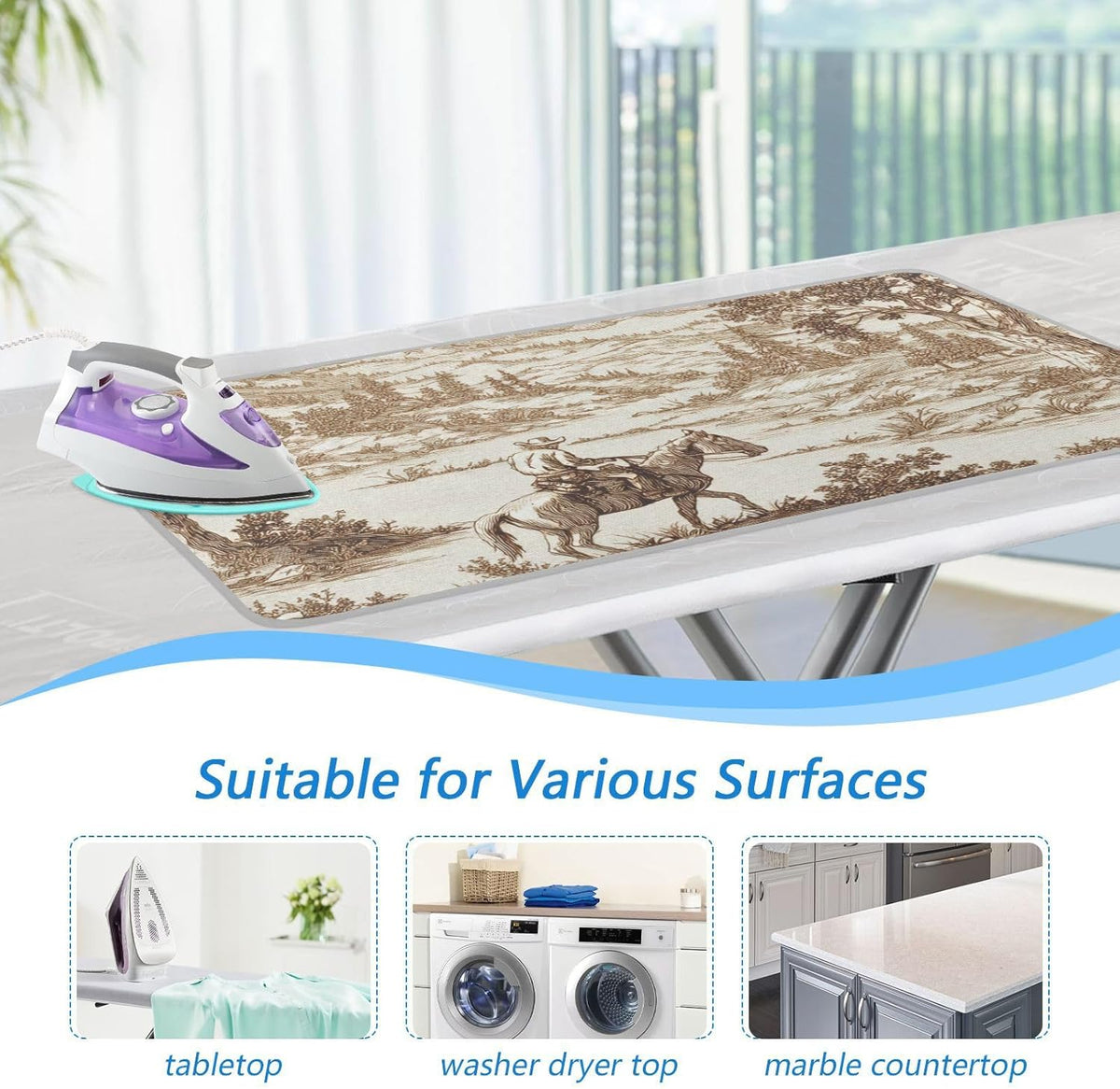 Ironing Mat Portable Ironing Pad Ironing Blanket for Table Top Heat Resistance Double-Side Using Travel Large 47.2 x 27.6 Inch Foldable Lightweight Cowboy Riding Horse Mountain Brown