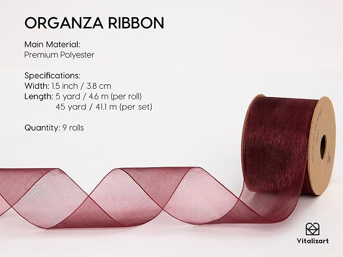 Vitalizart 1.5" x 45 Yards Organza Ribbon Set 9 Rolls x 5 Yd Sheer Ribbon for Gift Wrapping Crafts Christmas Tree Bows Wedding Invitations Wreaths Party Decor Bouquet DIY Projects (Mixed Colors)