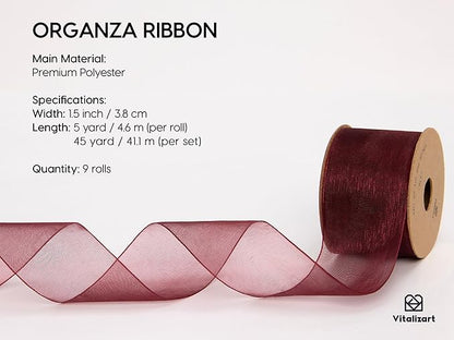 Vitalizart 1.5" x 45 Yards Organza Ribbon Set 9 Rolls x 5 Yd Sheer Ribbon for Gift Wrapping Crafts Christmas Tree Bows Wedding Invitations Wreaths Party Decor Bouquet DIY Projects (Mixed Colors)
