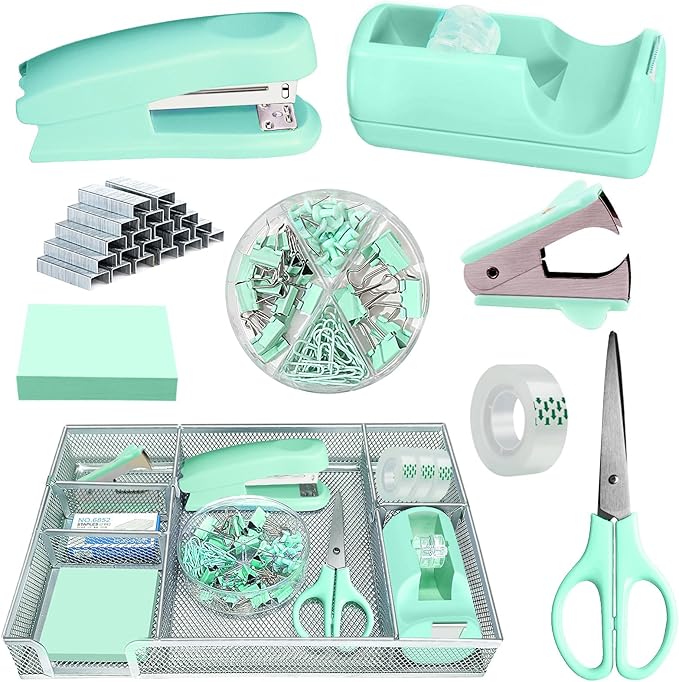Green Office Desk Accessories, Green Office Supplies Set, Desk Drawer Organizer,Stapler and Tape Dispenser Set,Tape,Staple Remover, Staples, Paper Clips, Scissor and Sticky Note