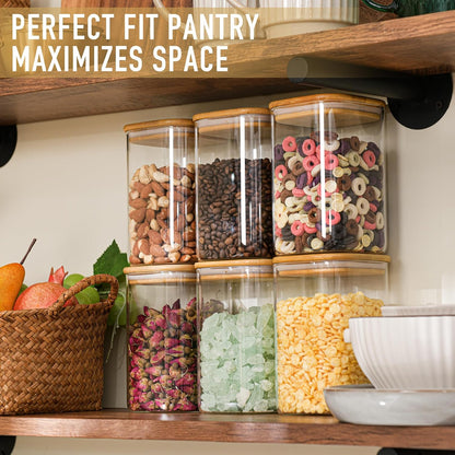 D2scrma 37oz Airtight Glass Square Storage Canister with Bamboo Lid Set of 4 (1100ml) Container Stackable Jar, Kitchen Canister for Pantry Noodles, Flour and Coffee beans (‎with Black Lable)