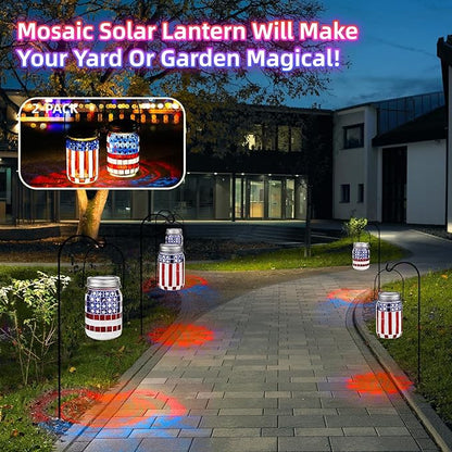 VOREEN Solar Powered Mosaic Mason Jar Lights, Colorful Stained Glass Lanterns for Outdoor Garden Decor, 2 Pack ,National Flag