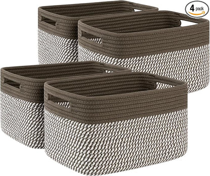 4 Pack Storage Baskets for Organizing, Woven Baskets for Shelves - Perfect for Toys, Books, Towels, and Clothes, Durable Gift Basket Bins Toy Storage, 12.7''Lx9''Wx7.8''H, Green & White
