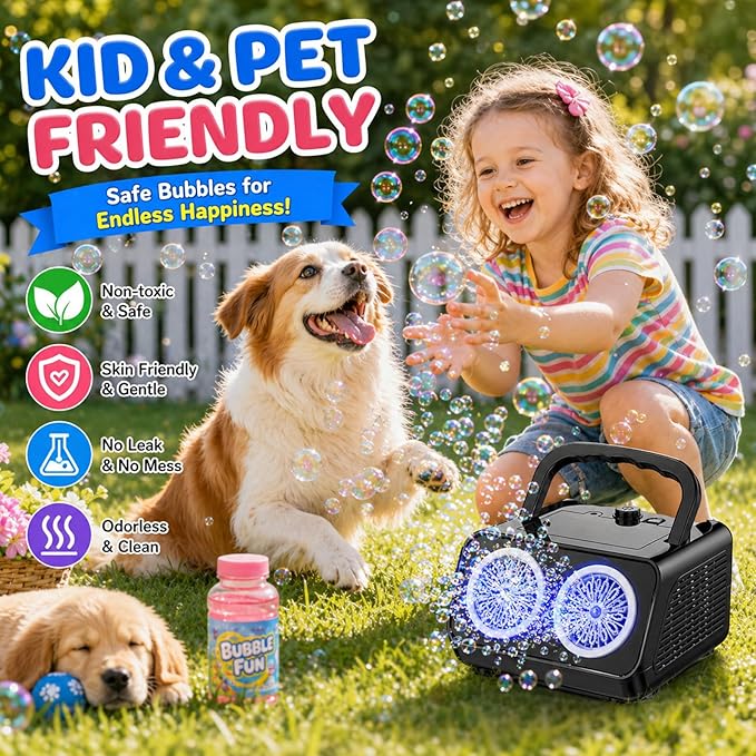 SHCKE Automatic Bubble Machine Upgrade Bubble Blower with 2 Fans,20000+ Bubbles Per Minute, USB-C or Battery Powered,Sealed Bottle, Portable Bubble Maker for Birthday Party Pool Wedding Outdoor