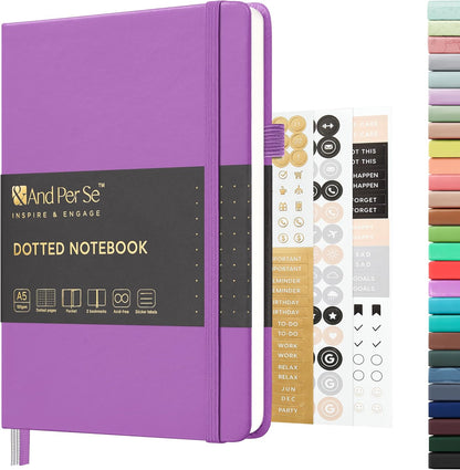 &And Per Se Dotted Journal Notebook, A5 Hardcover Bullet Dotted Journal, 160 Pages 100 gsm Thick Dotted Paper, 3 Sheets of Stickers Included - 5.7'' x 8''（Violet）