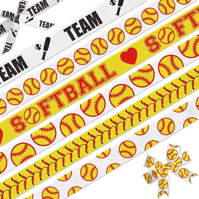 Softball Ribbon, 6 Pack (5/8 Inch x 3 Yards Each), Grosgrain Sport Ball Ribbon for Hair Bows, Team Banners, Crafts, DIY Headbands, Gifts
