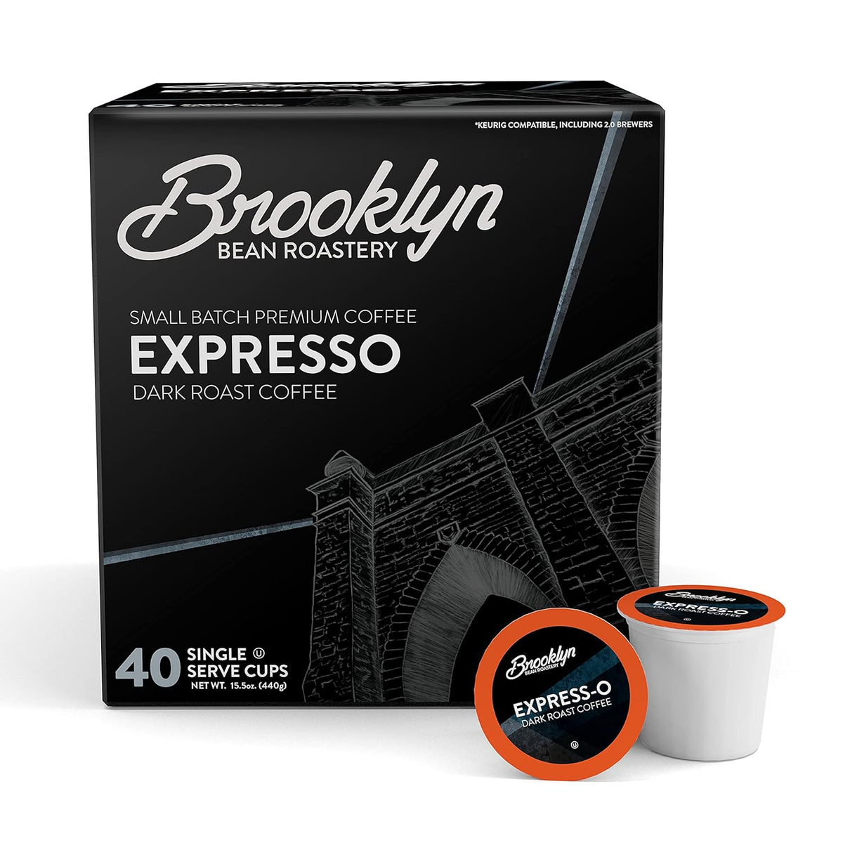 Brooklyn Beans Express-O Gourmet Coffee Pods - Compatible with Keurig 2.0 K Cup Brewers, 40 Count, Rich and Bold Espresso
