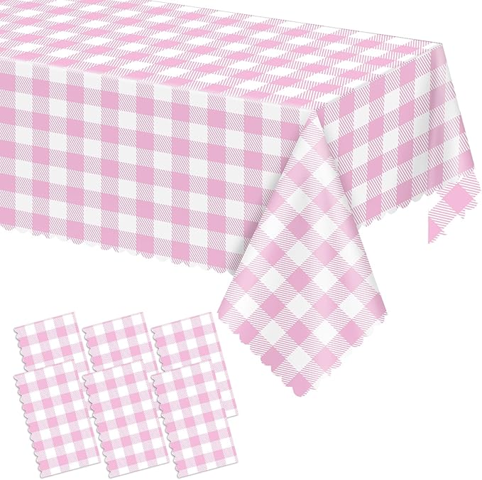 6 Pack Pink and White Checkered Tablecloth, 54 X 108Inch Plastic Red Gingham Table Cloth Waterproof Red Checkered Table Cover for Easter Mother's Day Wedding Birthday Anniversay Baby Bridal Shower