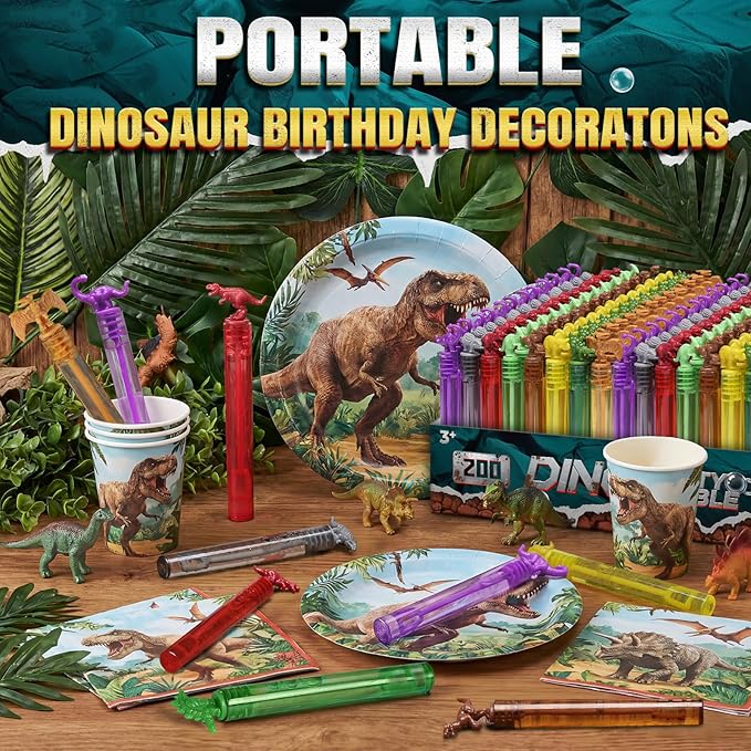 Bulk Dinosaur Bubble Wands for Kids, 200 Pack Mini Bubble, Dino Birthday Party Favors Decoration, Pinata Fillers, Goody Bag Stuffers, Classroom Treasure Box Prizes, Toddler Outdoor Gifts Toys
