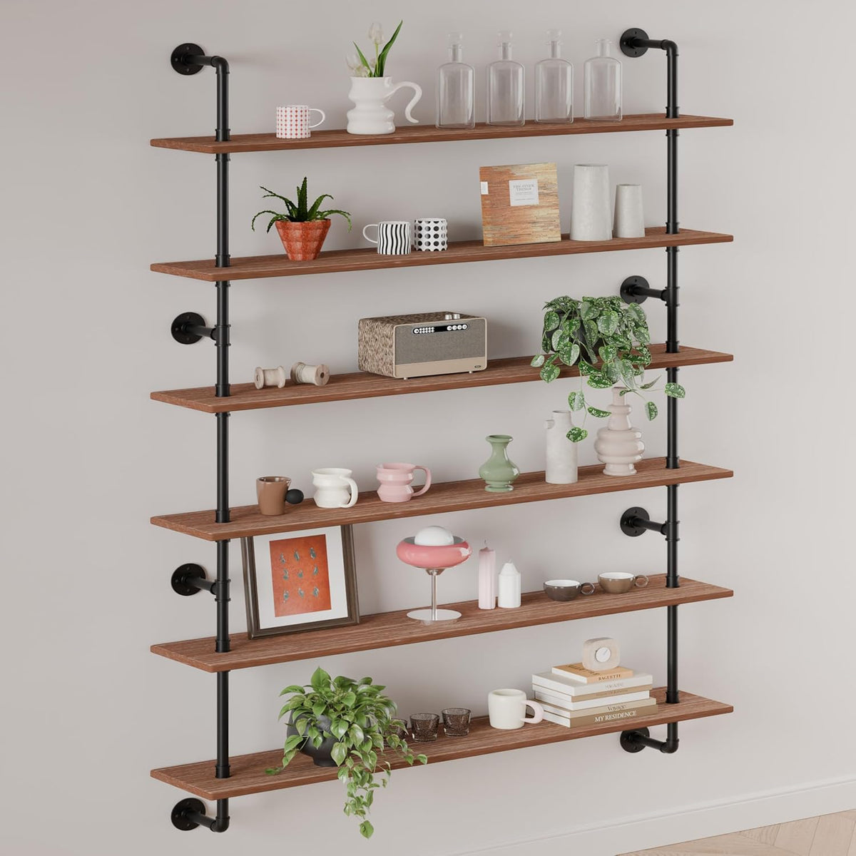48 InchPipe Bookshelf Floating Shelves for Wall Shelves Bookshelf Industrial Pipe Shelving Shelves Real Wood Planks Rustic Hanging Shelves Farmhouse