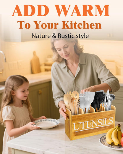 Kitchen Utensil Holder for Kitchen Counter Large Wooden Organizer for Cooking Utensils Utensil Holder Counter Farmhouse Décor (Farmhouse Wooden)