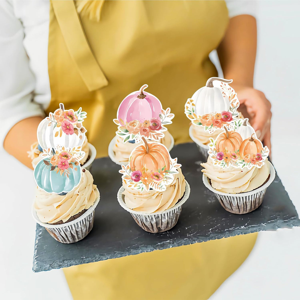 42Pcs Edible Pumpkin Cupcake Toppers Autumn Thanksgiving Theme Party Wafer Paper Flowers Pumpkin Cupcake Toppers Baby Gender Reveal Party Supplies