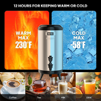 Rovsun 3.2 Gallon Insulated Beverage Dispenser, Stainless Steel Hot and Cold Drink Dispenser, Ice and Hot Drink Server w/Spigot