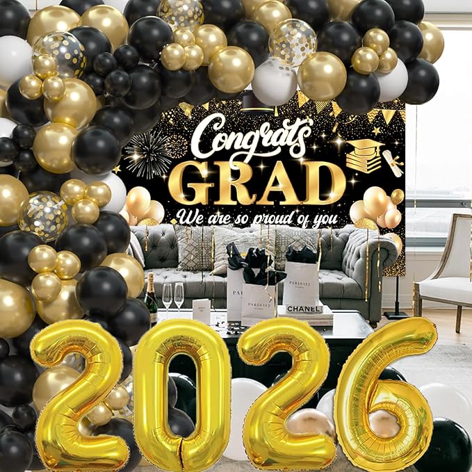 Black Gold 2026 Graduation Party Decorations - Graduation Balloon Arch Kit With Black Gold Graduation Balloons, Congrats Grad Backdrop, 2026 Foil Balloons For High College School Graduation Decor