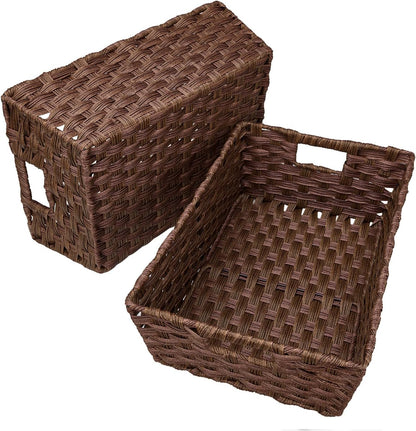 Large Wicker Storage Basket, Metal Frame, Set of 2, Washable Waterproof, 15" x 10.3" x 5.2", Brown Color, Woven Basket for Pantry, Toilet, Bathroom, Bedroom, Patio