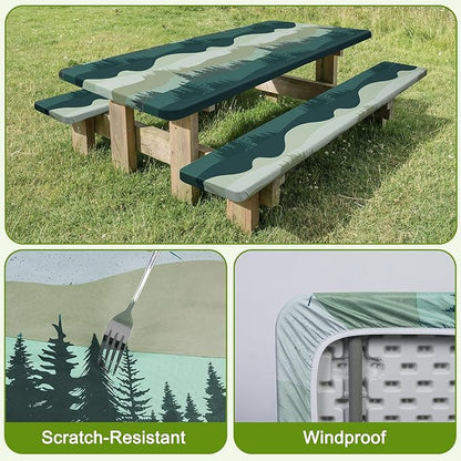 Picnic Table Cover with Bench Covers Windproof Waterproof Picnic Table Covers Camping Tablecloth with Self-Storage Bag, 96in, Green Blue