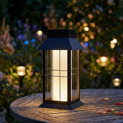 Solar Hanging Lantern Outdoor Waterproof,Black Heavy Duty Metal Solar Powered Hanging or Table Lamp for Patio, Garden, Yard, Porch - Decorative Warm White Lights