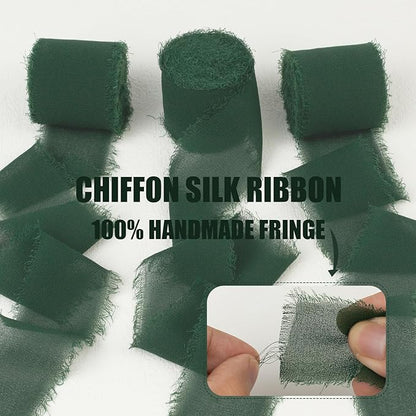 Forest Green Chiffon Fringe Silk Ribbon 1-1/2 Inch x 21 Yards - Boho Frayed Dark Green Ribbon for Gift Wrapping, Wedding Invitations, Bridal Flower Bouquets
