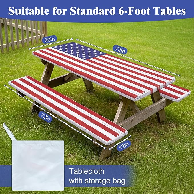 Picnic Table Cover with Bench Covers Windproof Waterproof Picnic Table Covers Camping Tablecloth with Self-Storage Bag, 72in, Bright White Wood
