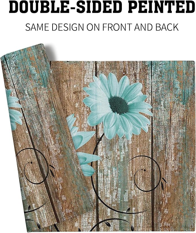 Giwawa Rustic Daisy Placemats Set of 4- Teal Sunflowers on Vintage Wood Board Linen Place Mat- Farmhouse Wooden Non Slip Heat Resistant Table Mats for Dining Kitchen Cabin Lodge Decor