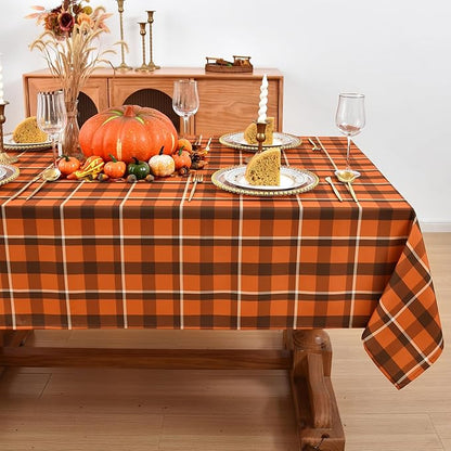 Waterproof Plaid Tablecloth Fabric - Square 58x58 Inch Classic Gingham Checker Thanksgiving Table Cloth for Indoor/Outdoor Use - Fall Tabletop Cover Perfect for Picnics, BBQs, Halloween