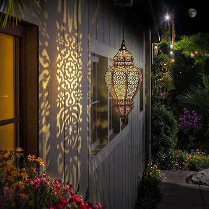 Hapjoy Moroccan Hanging Solar Lights Outdoor Lantern Bidirectional Availabili Garden Decor Waterproof Plastic Gold Decorations for Patio Pathway Yard Backyard Solar Powered Garden Decorative (1, gold)