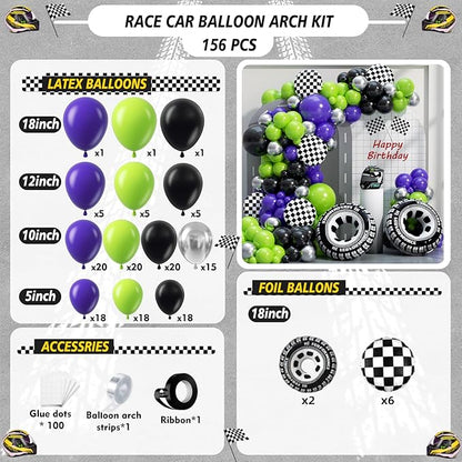 Monster Truck Balloon Arch Garland Kit 156pcs, Green Purple Black Silver Big Wheels Race Car Balloons Arch Kit for Two Fast Theme Boy Birthday Anniversary Monster Truck Jam Party Decorations