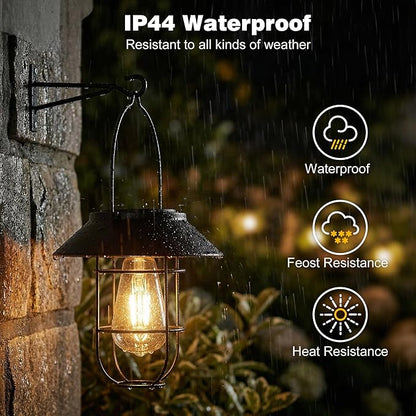 Livinlarge Solar Lanterns Outdoor Waterproof,Hanging Solar Lights for Outside with Wall Hooks Windproof Hook,Retro Metal Outdoor Lanterns Auto On/Off for Porch,Patio,Garden,Yard Decor 2 Pack（Black）