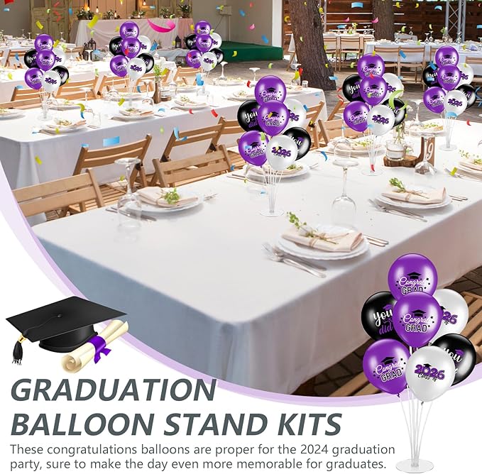 4 Set Graduation Party Balloon Stand Kits for Table Centerpieces Balloon Tables Holders with Congrats 2026 Graduation Party Decorations for School College Photo Props(Purple)