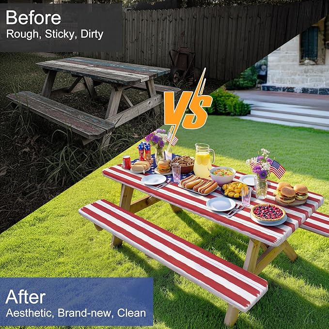 Picnic Table Cover with Bench Covers Windproof Waterproof Picnic Table Covers Camping Tablecloth with Self-Storage Bag, 72in, Bright White Wood
