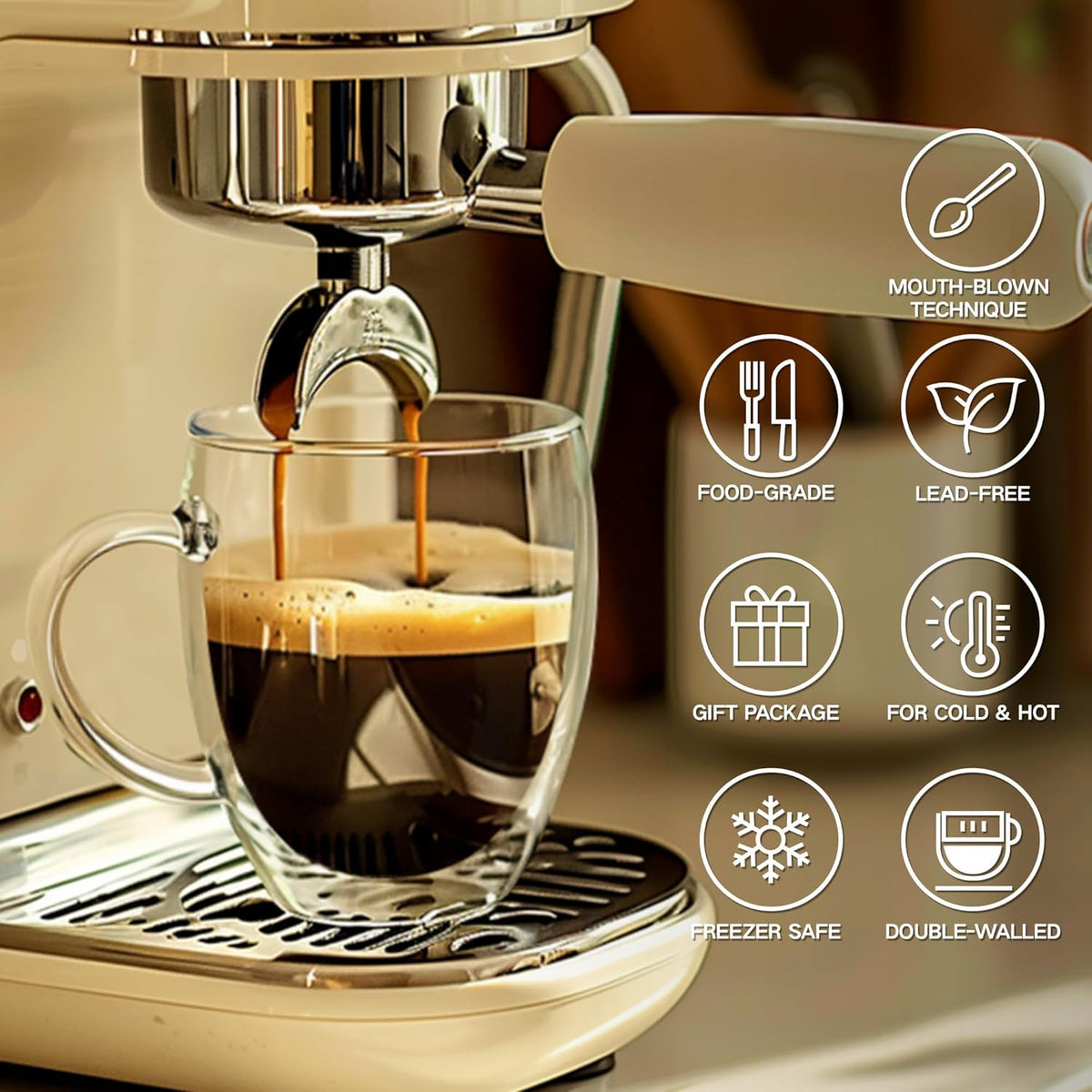 12 Ounces Set of 2 Double Walled Glass Coffee Mugs with Handle Insulated Layer Coffee Cups Borosilicate Glass Espresso Double Insulated Clear Glass