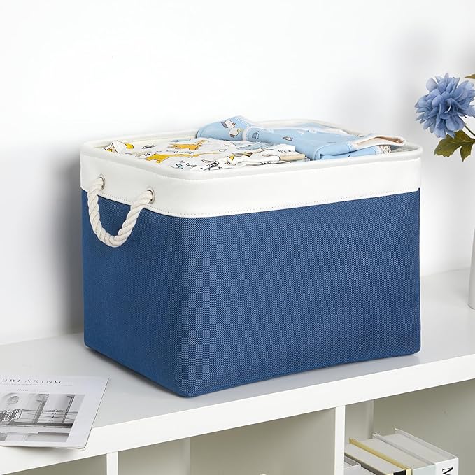 Bidtakay Large Storage Baskets for Shelves 3 Pack Fabric Storage Bins for Organizing Navy Blue Decorative Baskets Linen Collapsible Organizer for Closet