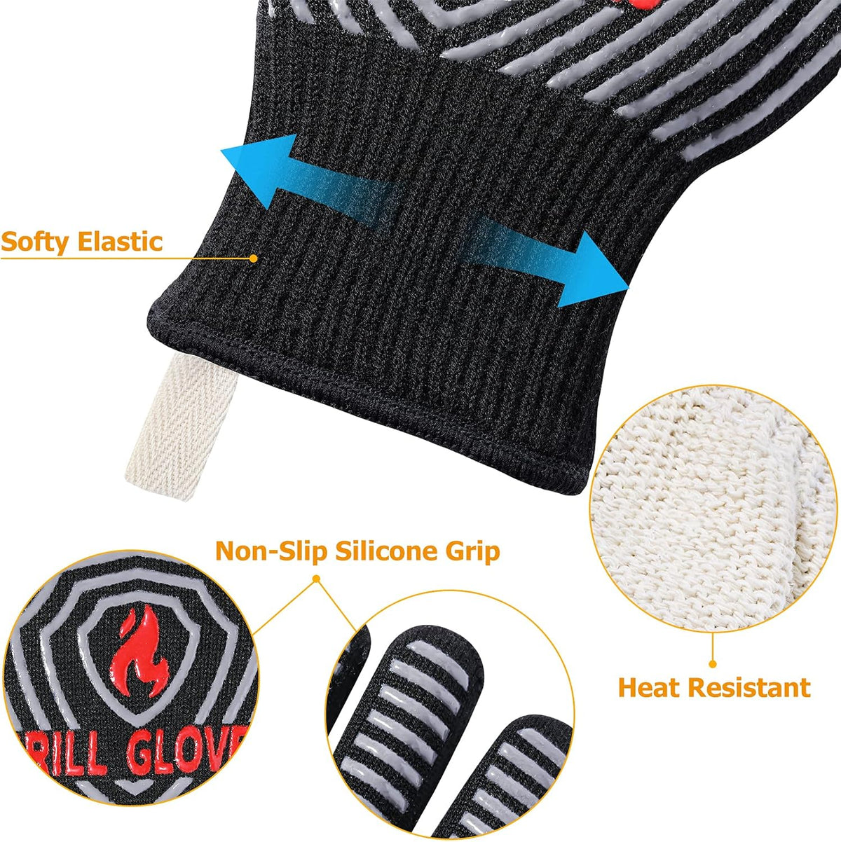 Quwin BBQ Gloves, Oven Gloves, Grilling Gloves Silicone Non-Slip Oven Mitts, Kitchen Gloves for BBQ, Grilling, Cooking, Baking-1 Pair… (Black