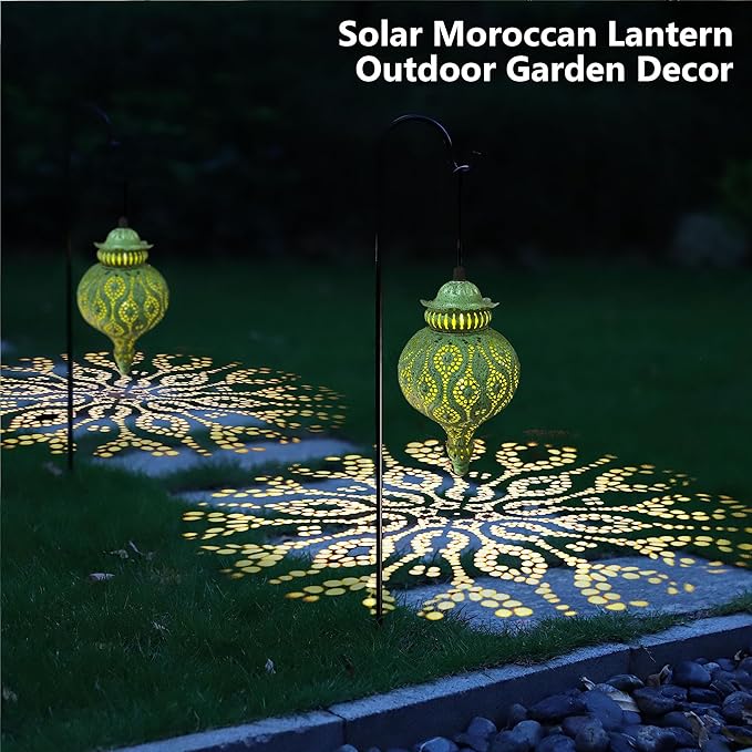 Moroccan Solar Lanterns Outdoor Waterproof Green Hanging Lanterns Outdoor Ramadan Garden Decor Gardening Gifts for Women Mom Grandma Solar Lights for Patio, Pathway, Yard, Porch, Backyard.