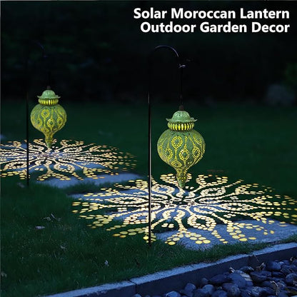 Moroccan Solar Lanterns Outdoor Waterproof Green Hanging Lanterns Outdoor Ramadan Garden Decor Gardening Gifts for Women Mom Grandma Solar Lights for Patio, Pathway, Yard, Porch, Backyard.