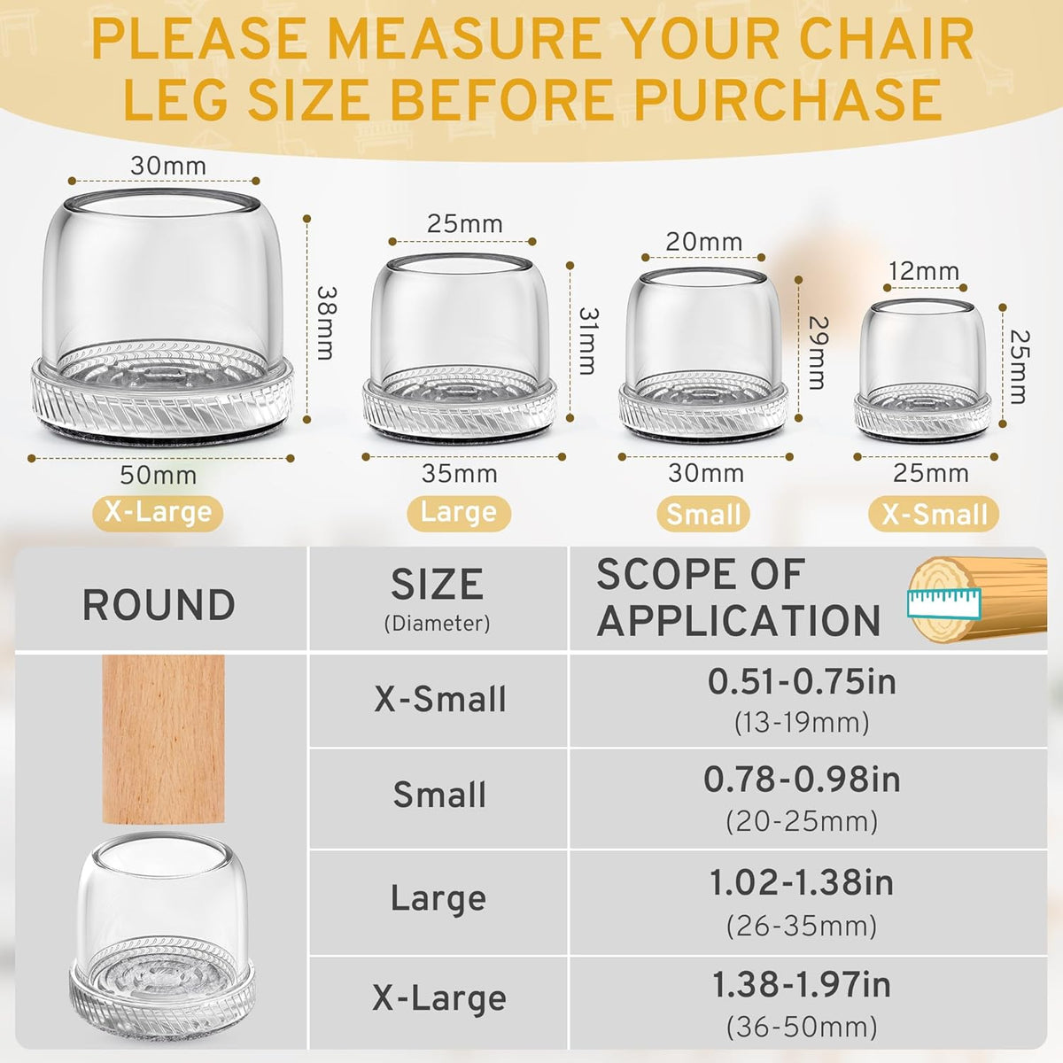 24PCS Round Chair Leg Floor Protectors, Furniture Sliders, Chair Leg Protectors for Hardwood Floors, Non-Slip Felt Furniture Pads, Silicone Cap Covers to Protect Floors, (Fit 1.5" - 2")
