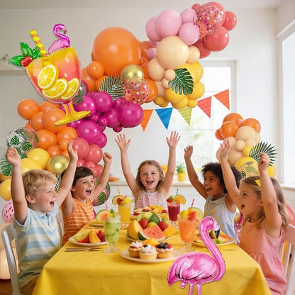 Amandir 165Pcs Tropical Balloon Arch Garland Kit, Sunset Hot Pink Orange Coral Red Yellow Metallic Gold Foil Wineglass Flamingo Balloons for Tropical Birthday Wedding Shower Summer Party Decorations