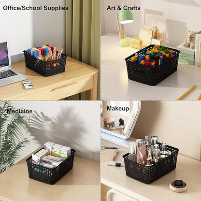 Black Plastic Storage Baskets with Lids 10 Pack Stackable Storage Bins Containers for Shelves Organizing, Cute Decorative Storage Boxes for Classroom, Playroom, Closet, Pantry