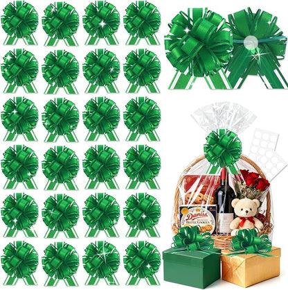 24pcs Green Pull Bow for Gift Basket Wrapping Xmas Gift Bows Adhesive Presents Wrap Ribbon Bow for Christmas Tree Ornament Wine Bottles Bouquet Flower Valentine's Day Party Decor (Green-G)