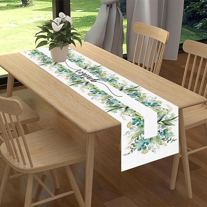 Farmhouse Table Runner, Green Gold Eucalyptus Spring Seasonal Plants Rustic Country Cafe Coffee Table Center Decor for Home Kitchen Dining Patio Indoor Outdoor Table Decorations, 13"x90" Inch
