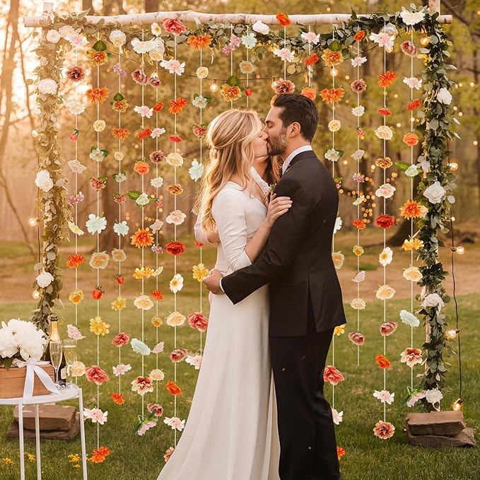Suncalla 6 Pcs 35.46 ft Flower Garlands Backdrop Spring Artificial Wildflower Vines Floral Decorations for Party Fake Flower Vines Faux Silk Wildflower for Easter Wedding Garden Wall Arch(Champagne)