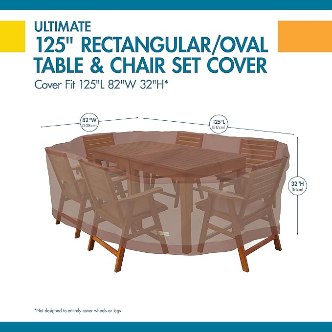 DUCKCOVERS Ultimate Waterproof Rectangular/Oval Patio Table with Chairs Cover, 125 Inch