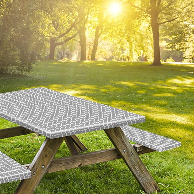7ft Picnic Table and Bench Cover, Camping Essentials RV Gear, 84 in Waterproof Windproof Outdoor Elastic All Around Tablecloth, Fitted Rectangle Tables and Seats, Gray-White Moroccan