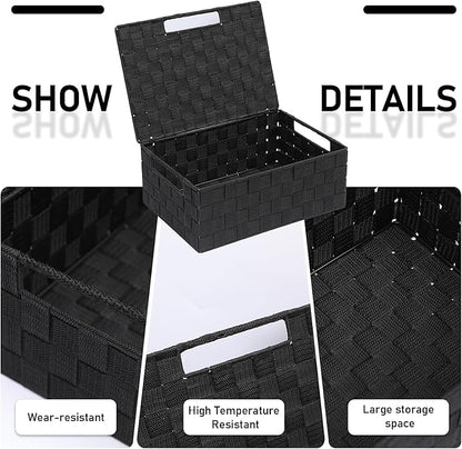 Storage Bins Woven Organizer with Lids Set of 5 – Polypropylene Storage Baskets with Metal Frame, Stackable Fabric Boxes for Drawers, Closet, Shelf, Nursery and Office, Black
