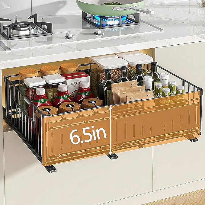 Under Sink Pull-Out Cabinet Organizer for Kitchen and Bathroom Cabinet Storage - Metal Expandable Drawers(12.8-19.49in Width) Suitable for Hair Tools,Trash Bags White 1 Pack