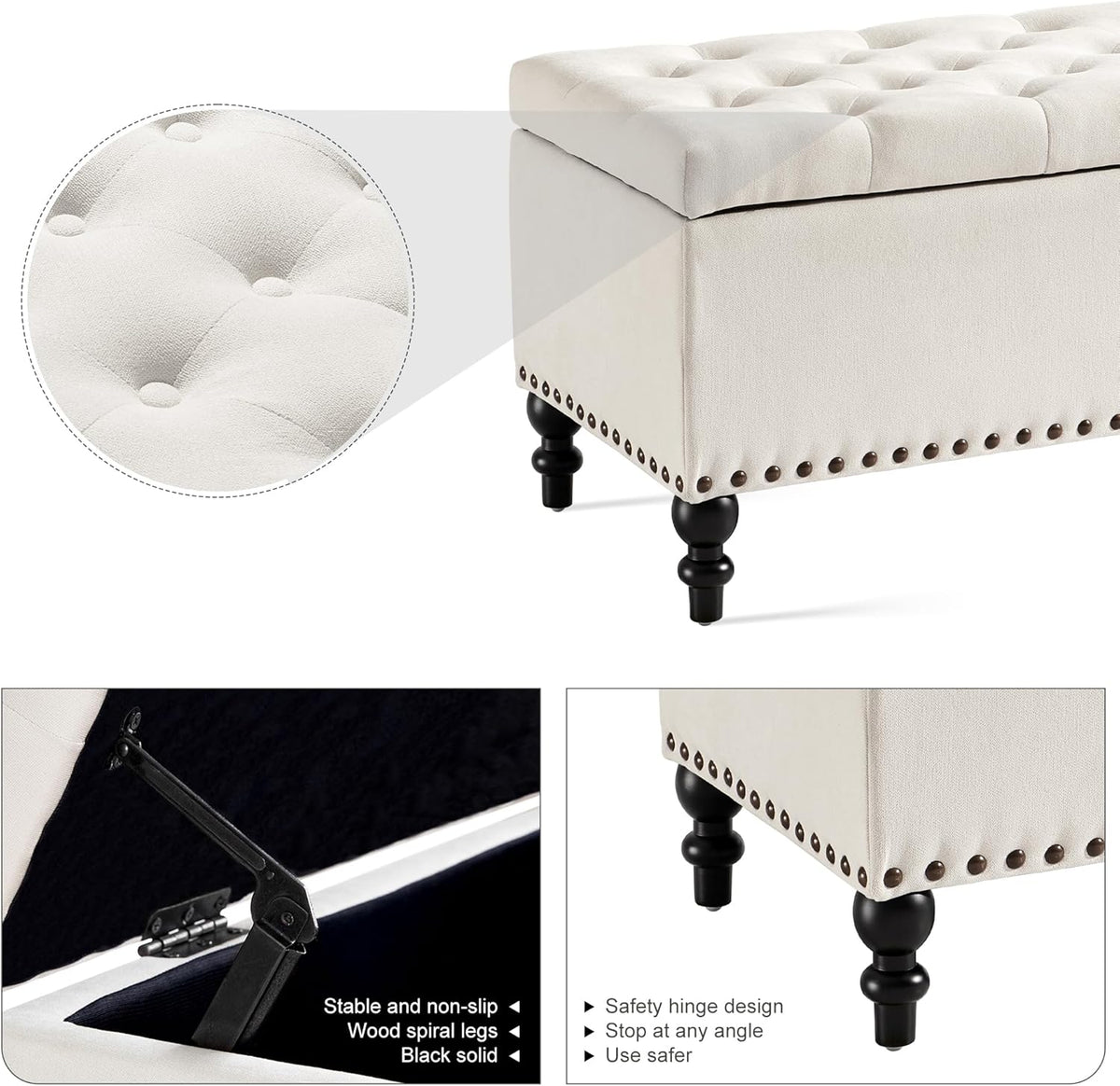 Storage Ottoman 50.2 Inches Upholstered Fabric Storage Ottoman Bench，Button Tufted Ottoman with Storage for Living Room，Bedroom End of Bed Bench Withstands 304lbs