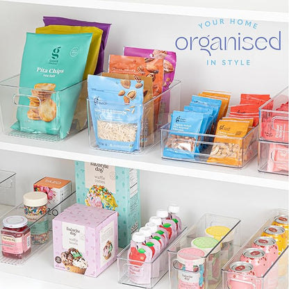 Plastic Food Storage 4 Pack Clear Container Bin with Handles for Organizing Kitchen, Pantry, Fridge, Freezer, Pantry,Bathroom. 10"x6"x5"