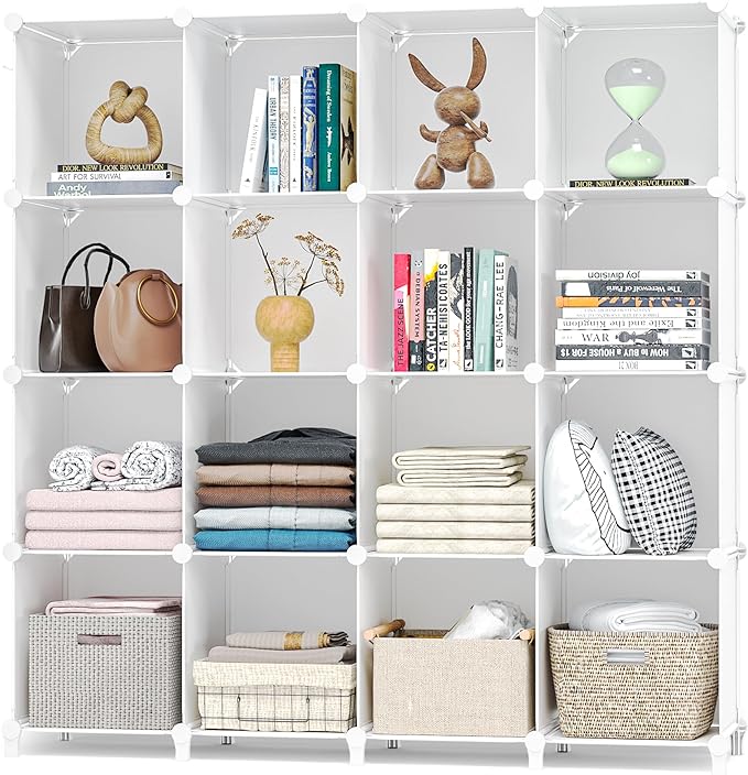 Neprock 16 Cubby Storage Organizer, Closet Clothes Storage Organizer, Cube Shelves Closet Organizers and Storage Shelves for Clothing Storage with Hammer, Bookshelf for Kids (White)